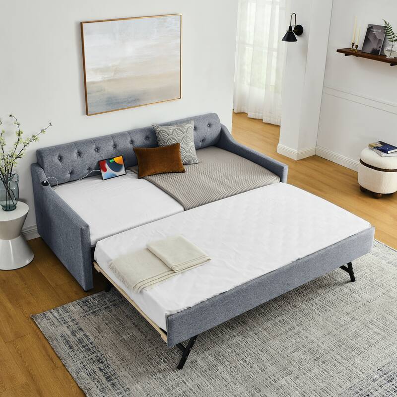 Upholstery DayBed with Erectable Trundle and USB Charging Design, Linen DayBed with Tufted Back
