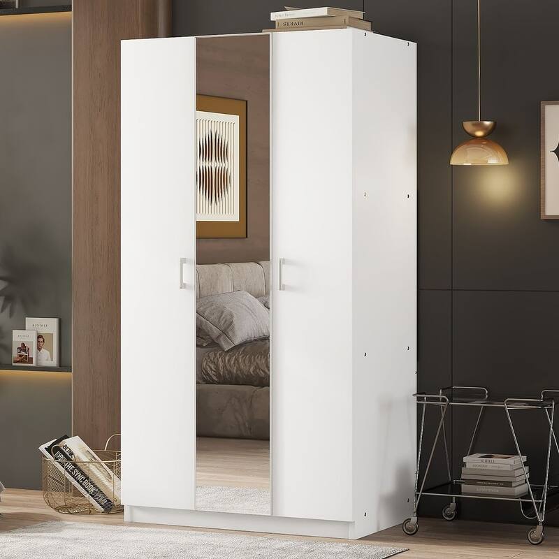 Modern 3 Door Wardrobe with Mirror, 3 Drawers, Hanging Rod - N/A - White