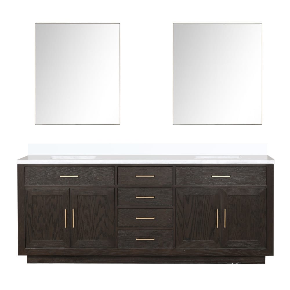 Abbey 60 in W x 22 in D Black Oak Double Bath Vanity, White Quartz Top, and 28 in Mirrors