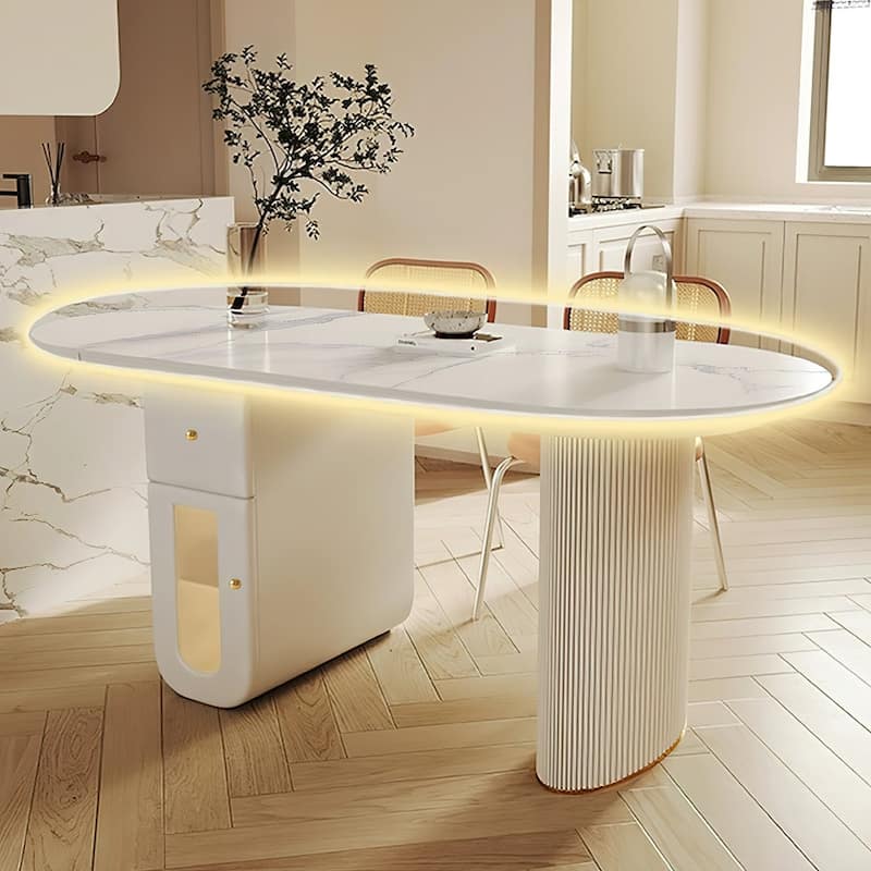 Modern Oval Sintered Stone Dining Table with Storage Cabinet