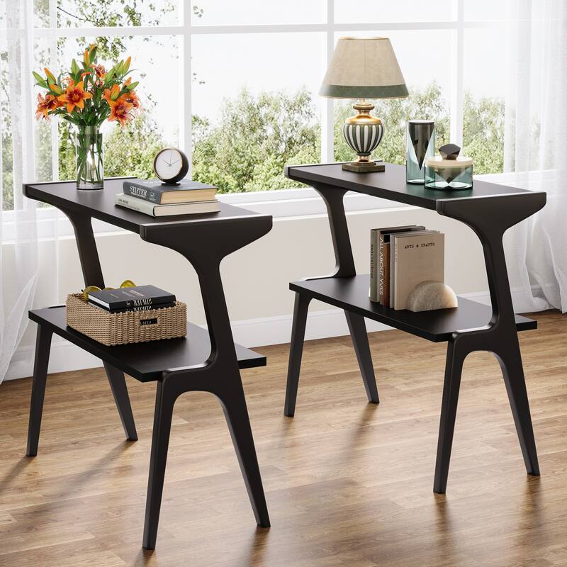 Wood 2-Tier Narrow Side End Chairside Table for Small Space