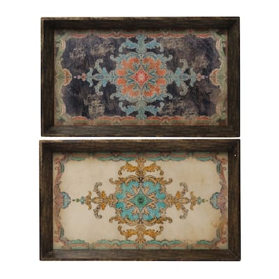 A&B Home Brown Ornamental Floral Decorative Trays (Set of 2)