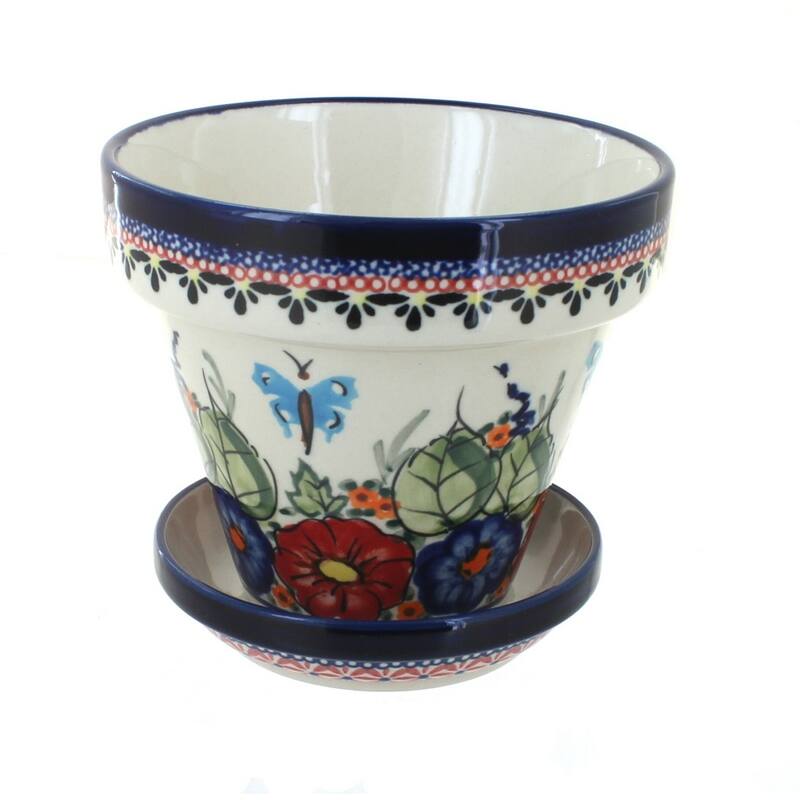 Blue Rose Polish Pottery 890-893 Zaklady Small Flower Pot - Floral Butterfly