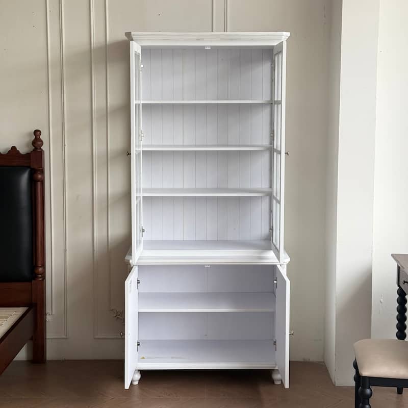 77.5"Tall Vintage Display Cabinet with Double Glass Doors, Traditional Style China Cabinet Hutch Cabinet