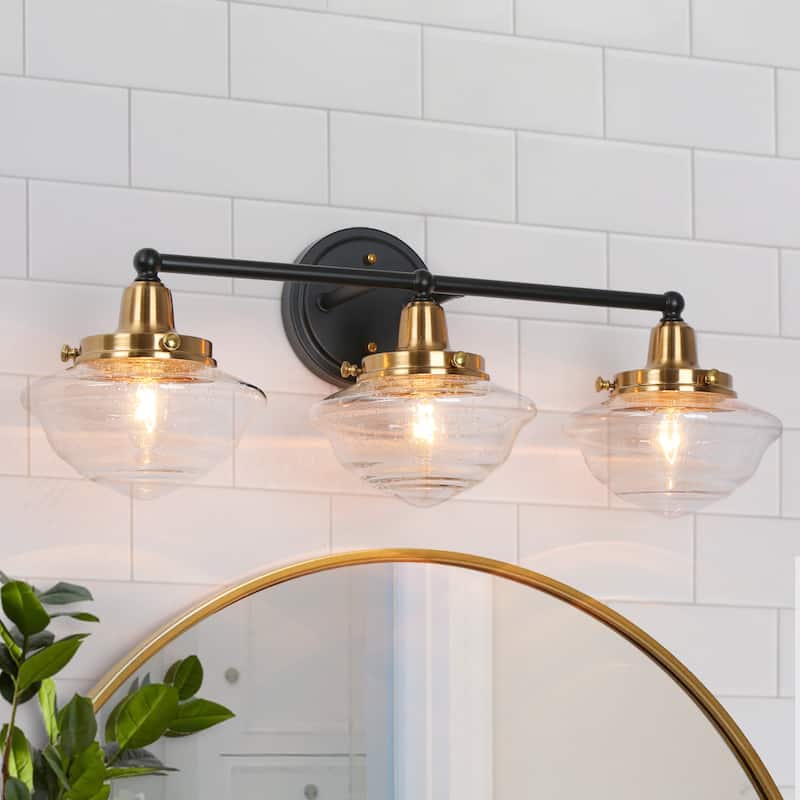 Rumar Modern 3-Light Black Gold Bathroom Vanity Light Dimmable Wall Sconces with Schoolhouse Glass - 22.8'' L x 8.3'' W x 9'' H