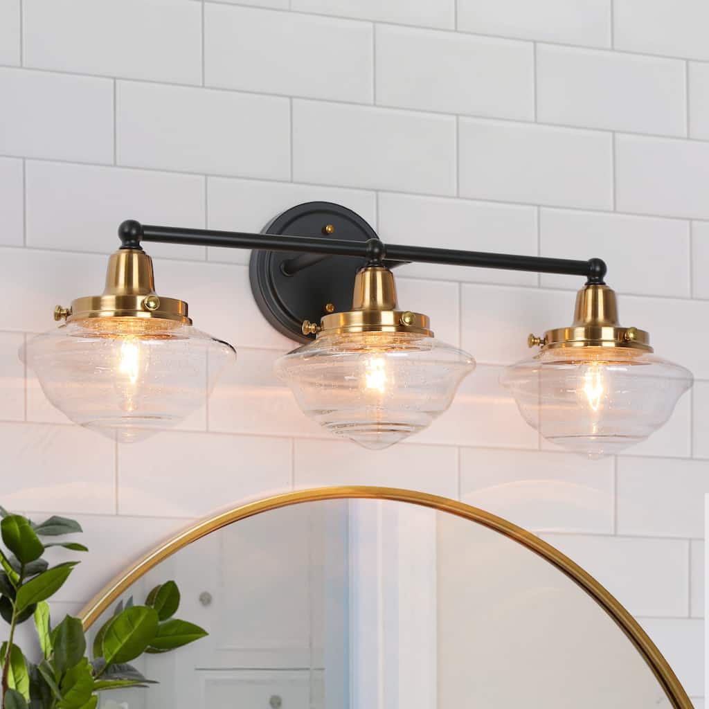 Rumar Modern 3-Light Black Gold Bathroom Vanity Light Dimmable Wall Sconces with Schoolhouse Glass - 22.8'' L x 8.3'' W x 9'' H