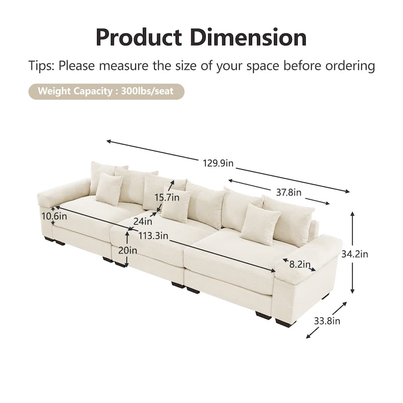 GDFStudio - Corduroy 3-Seater 130" Cloud Sofa Couch with Extra-Thick Armrests