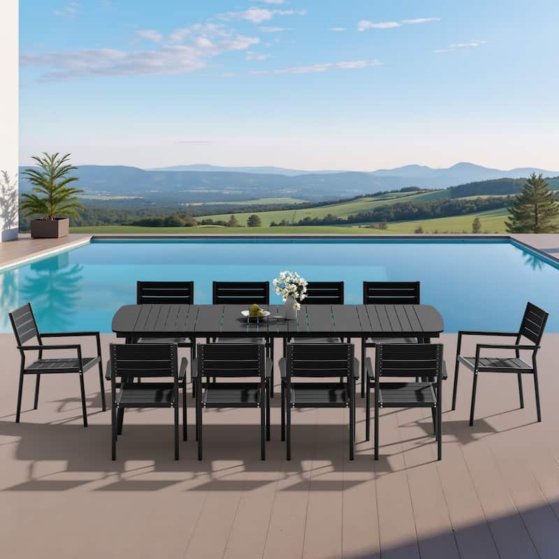 11-Piece Set Outdoor Patio Aluminum Dining Table and Stackable Dining Chairs - Black