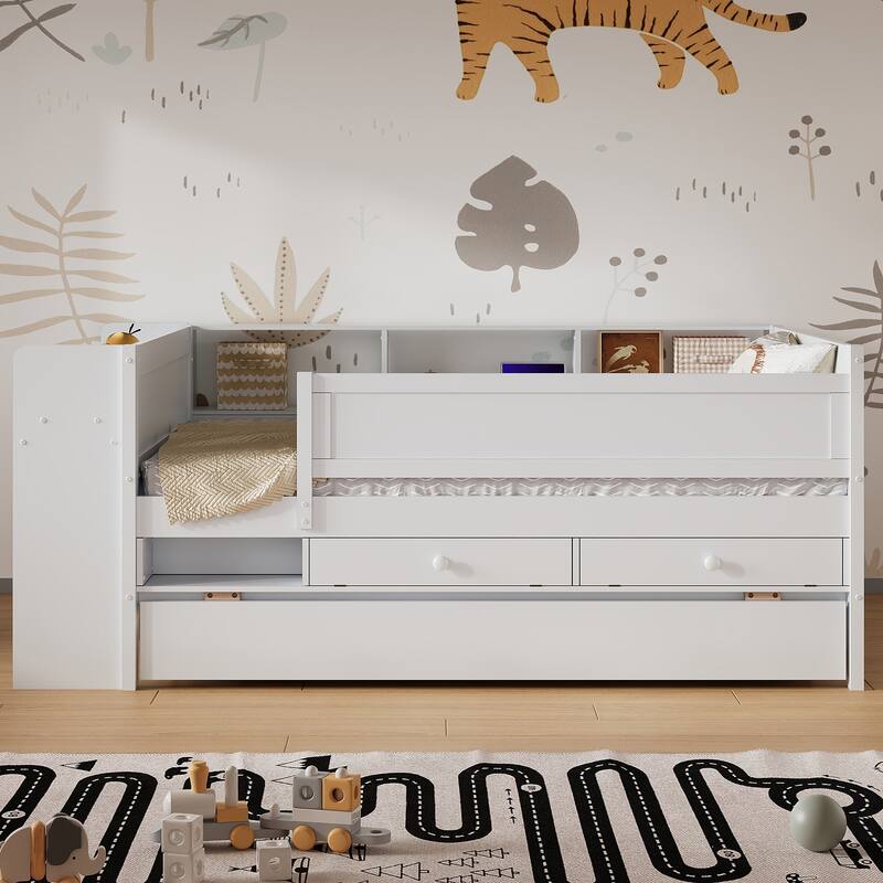 Multi-Functional Twin Daybed with Storage, Trundle, Desk, and USB Charging Station, White