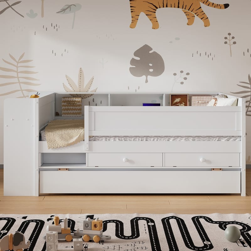 White Multi-Functional Twin Daybed with Headboard Storage, Drawers, Trundle