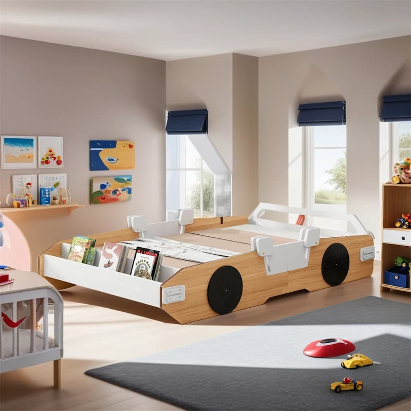 Wood Twin Size Racing Car Bed with Door Design and Storage On Sale