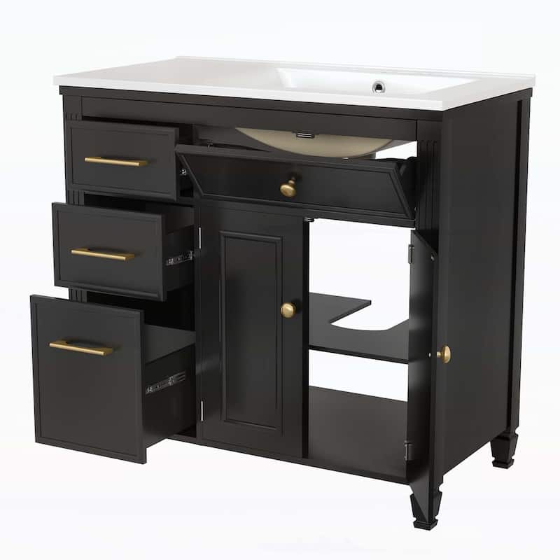 Bathroom Vanity Cabinet with Sink,with One Tip-out Drawer,3 Side Drawers,Adjustable Shelf