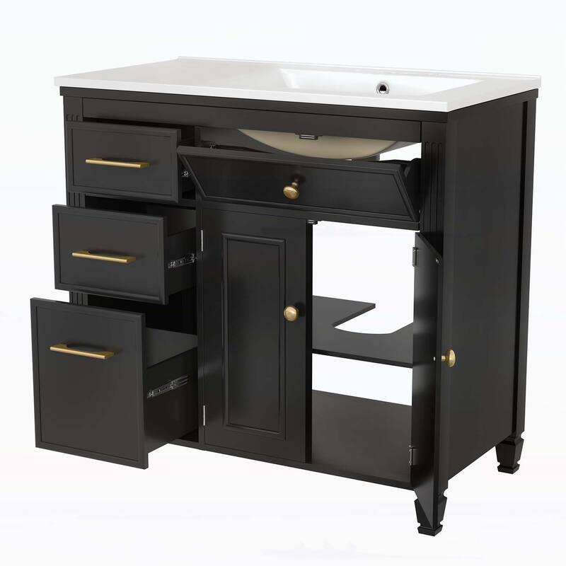Freestanding Vanity Set with One Tip-out Drawer,3 Side Drawers,Adjustable Shelf