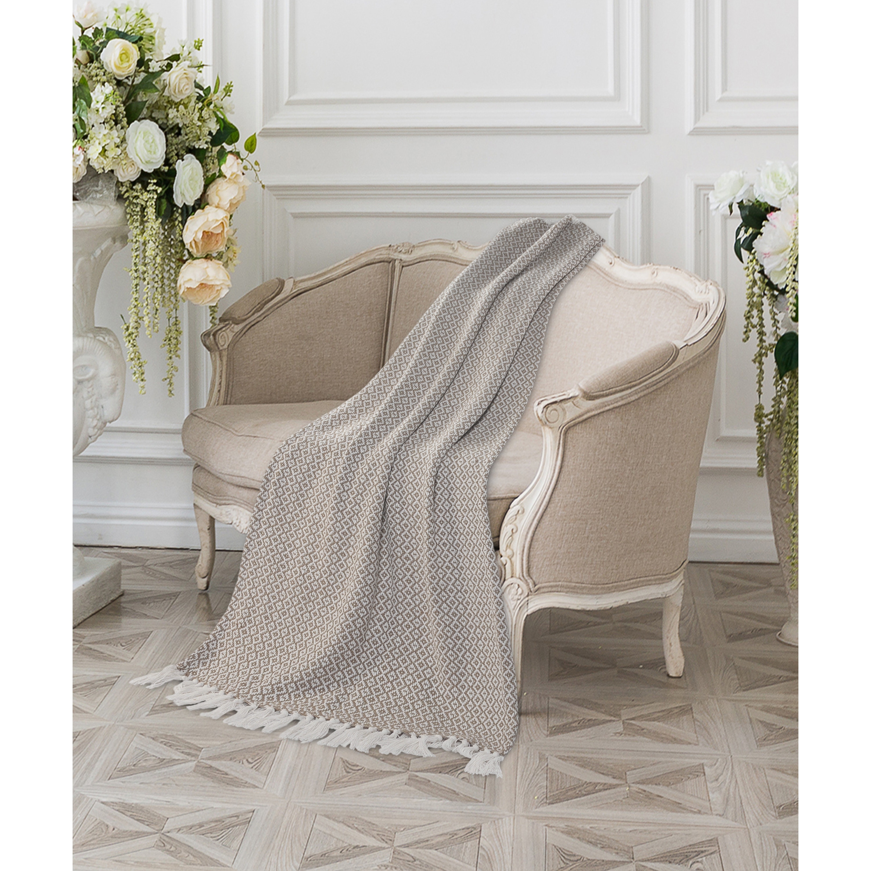 Sevita Beige and Ivory Diamonds Fringe Standard Size Throw Blanket