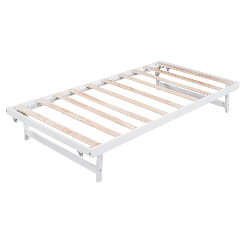 Full Size Platform Bed with Adjustable Trundle in White