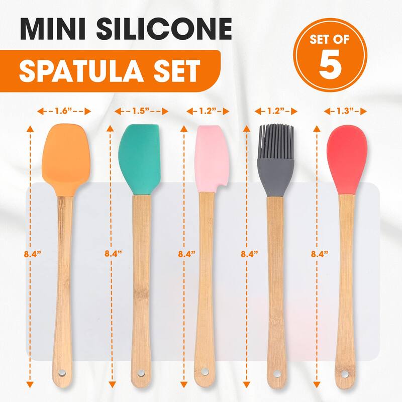 Cheer Collection Mini Silicone Baking Spatula Set for Kids with Bamboo Handles 5 Piece Utensil Set - Set of 5