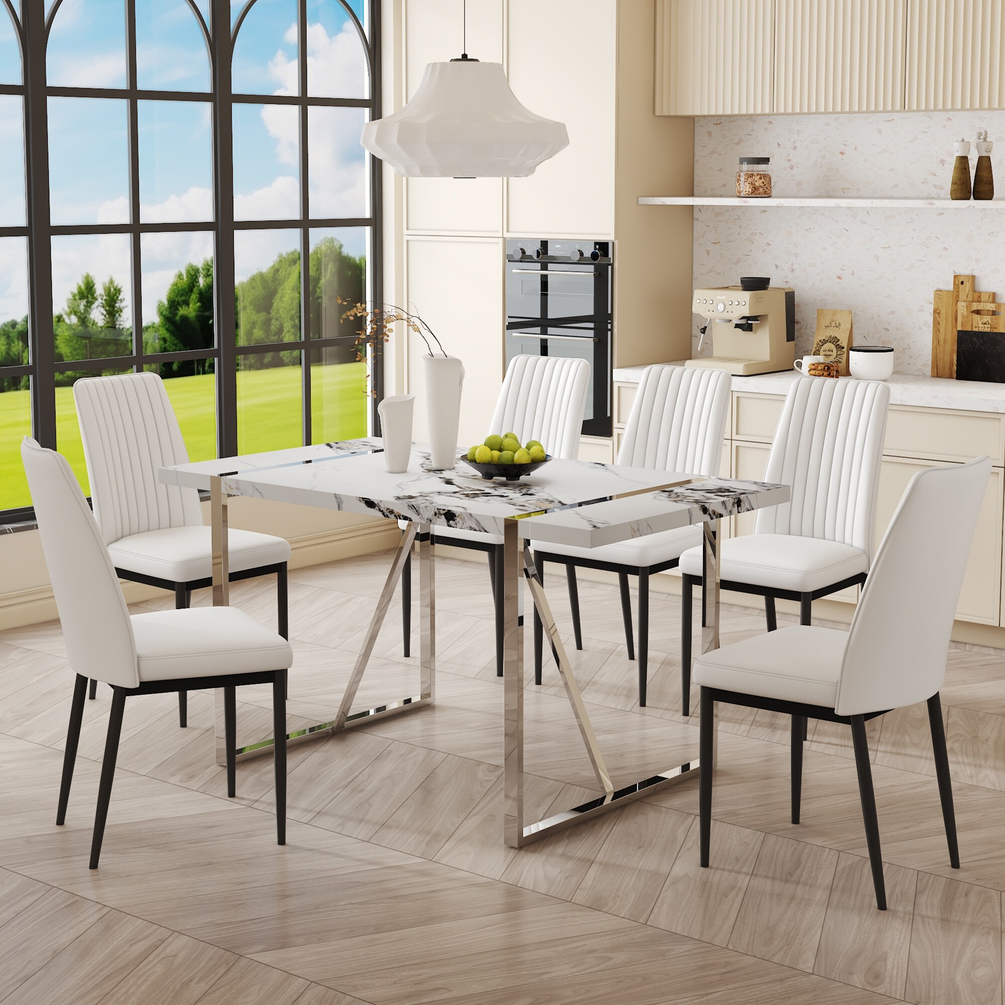 55 inch Faux Marble Dining Table and 6 PU Leather Chairs Space Saving Dining Table Set for Kitchen Dining Room Bed Bath Beyond 42318623