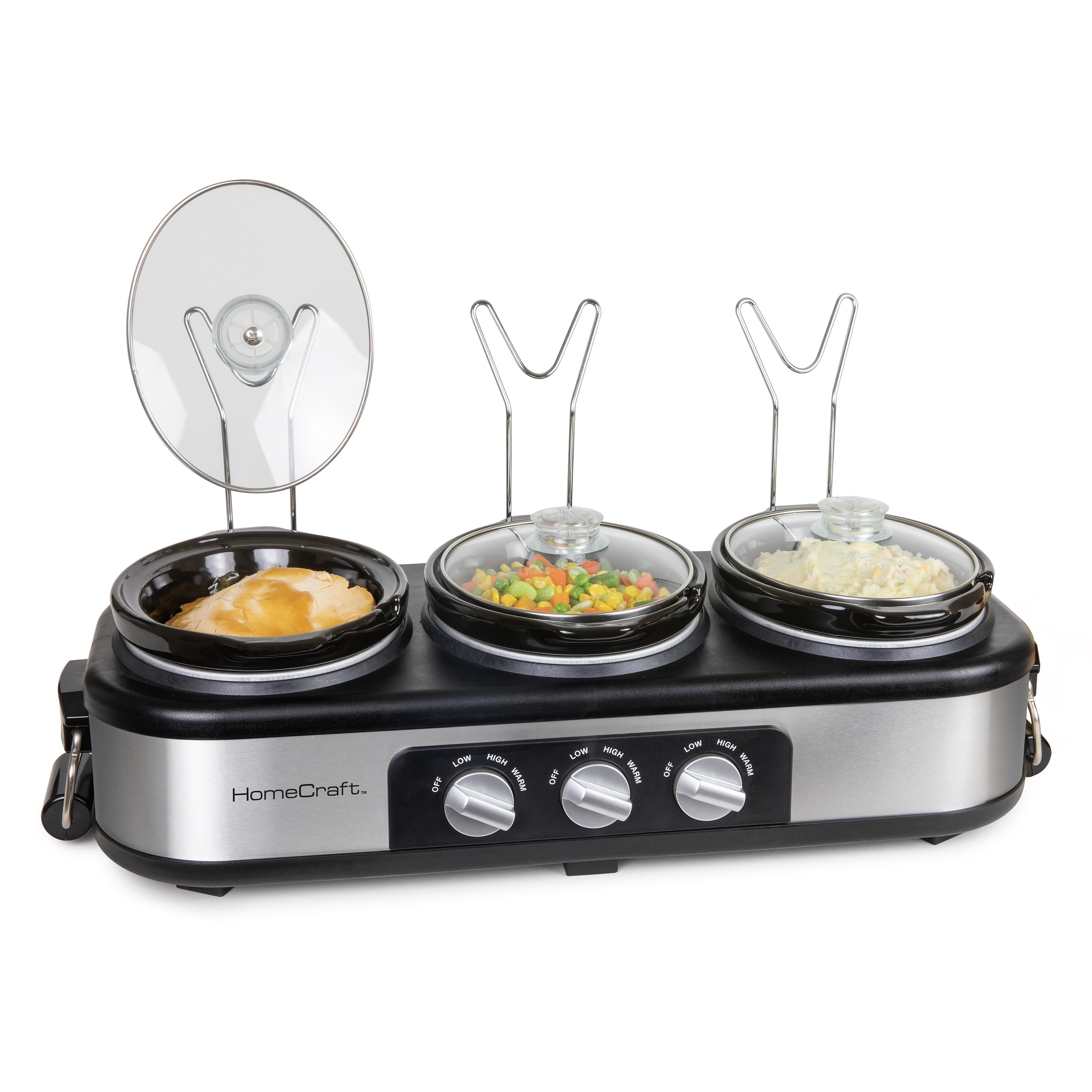 Small electric slow cooker, triple buffet server and warming plate with lid  holder, 3-pot 1.5-quart oval food warmer with 3 spoons, perfect for heating  up dips at parties. 