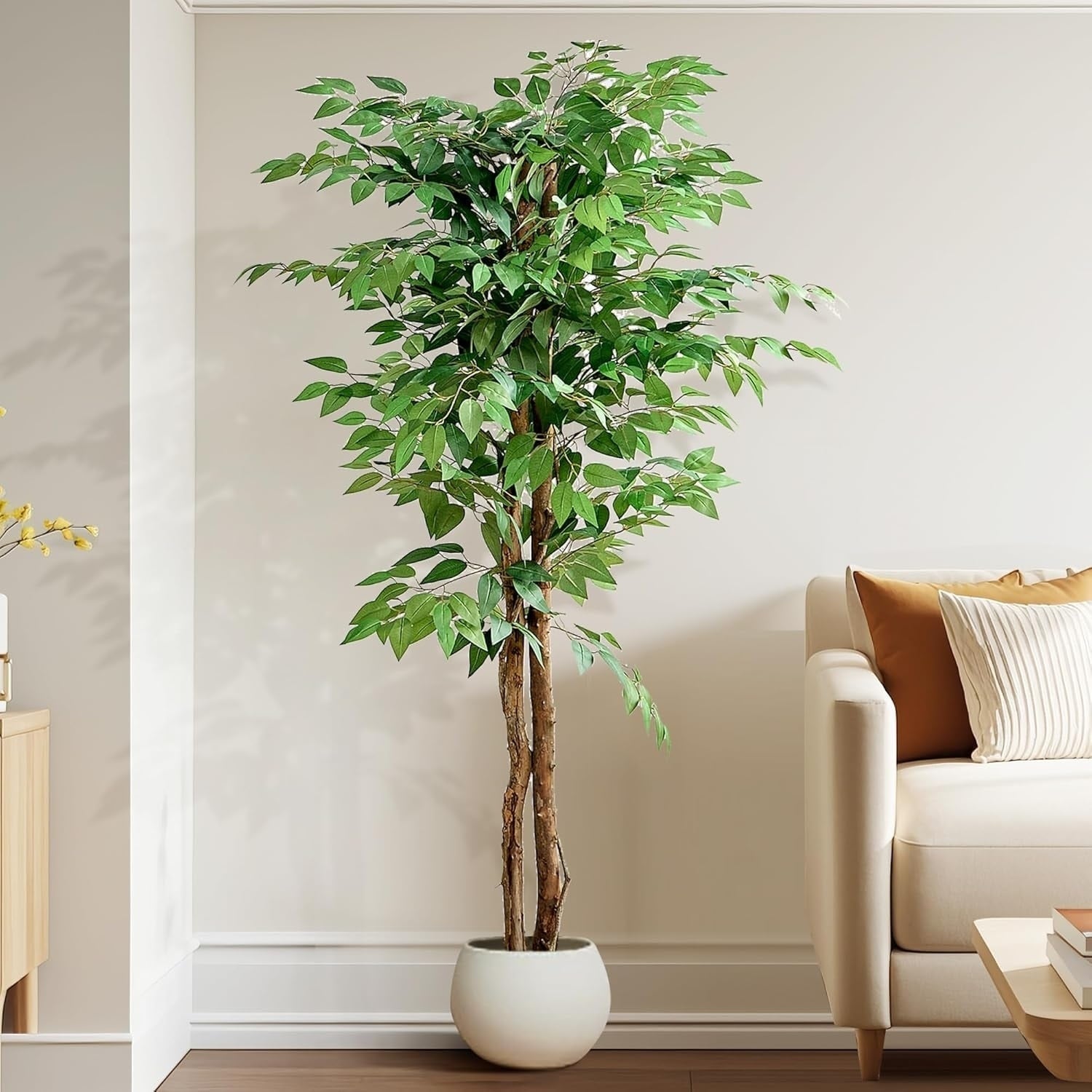 VECELO Artificial Ficus Tree with Natural Wood Trunk & Dried Moss 59" or 71" Tall Fake Plant Lifelike Faux Tree for Home Decor