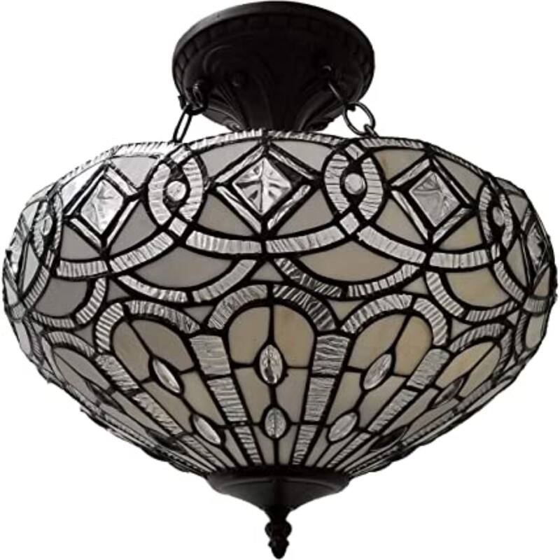 HomeRoots Black and Gray Tiffany Style Two Light Glass Dimmable Semi Flush Ceiling Light - 16' X '17' X '16