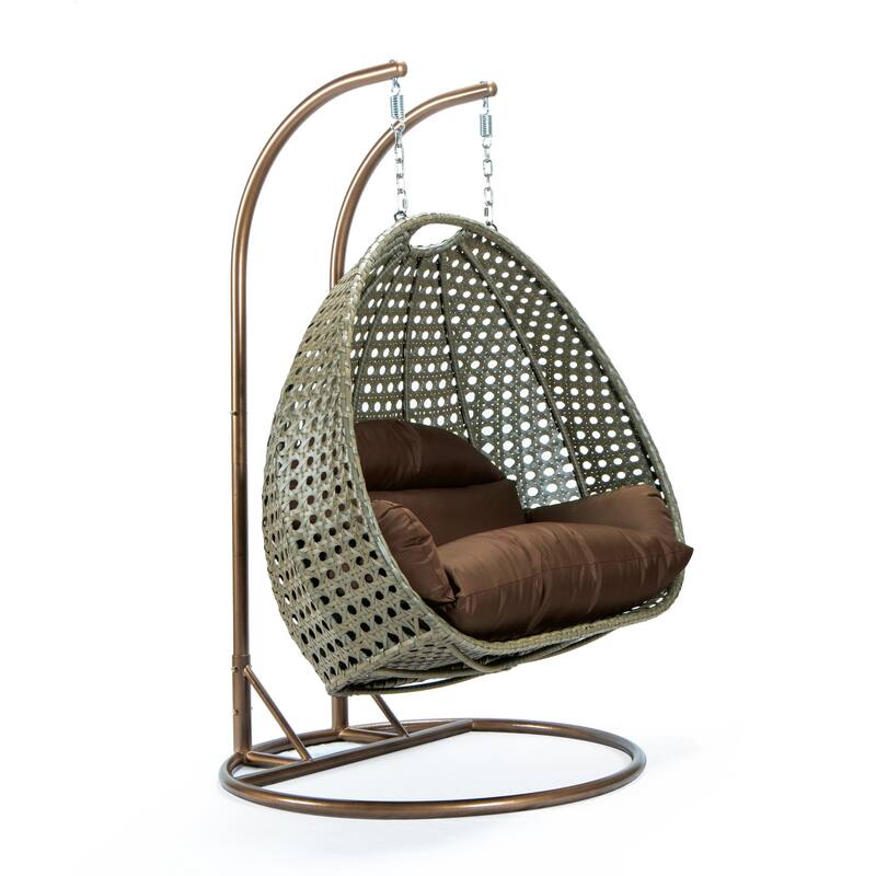 LeisureMod Modern 2-Person Egg Hanging Swing Chair with Beige Wicker, Oxford Fabric Cover, Patio Hammock Lounger and Cushions - Brown