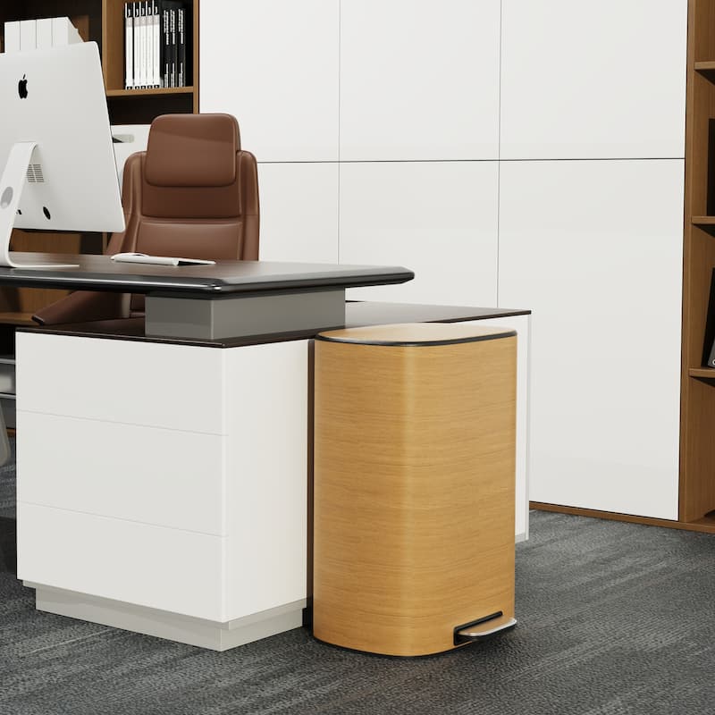 13 Gallon 50L Kitchen Foot Pedal Operated Soft Close Trash Can - Stainless Steel Ellipse Bustbin - Wood