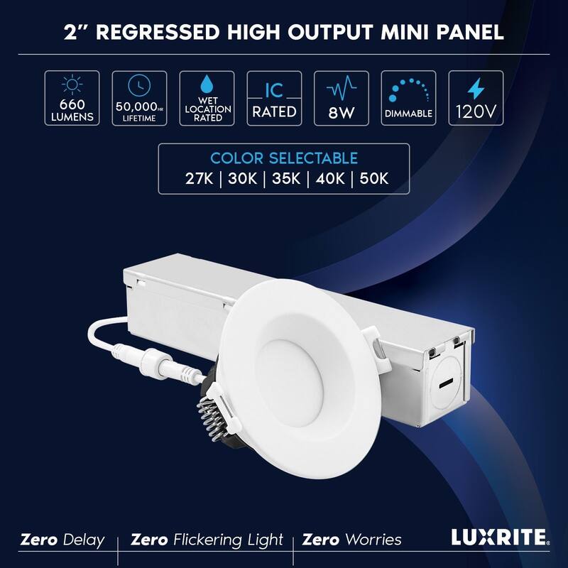 Luxrite 2 Inch LED Recessed Ceiling Light J-Box 8W 5CCT 660 Lumens Dimmable Wet Rated IC Rated - 1 Pack