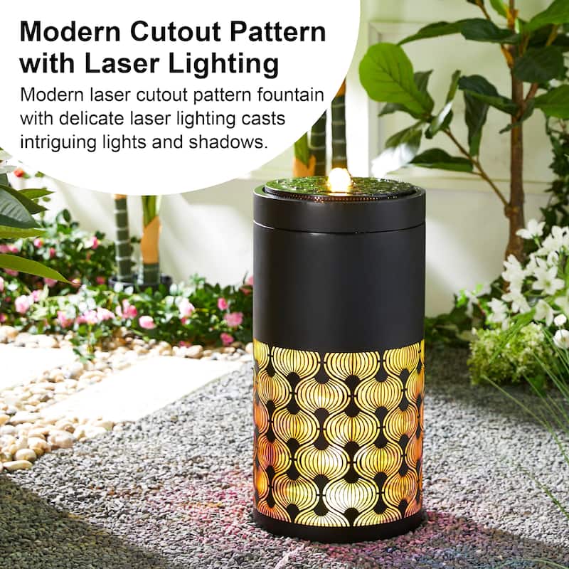 Glitzhome 24"H/35"H Metal Modern Cutout Pattern Outdoor Floor Fountains with Laser Lighting
