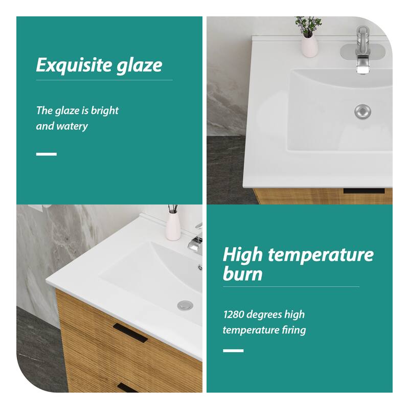 Durable Bathroom Vanity Top with Single Sink, Smooth Polished Ceramic Finish, and Overflow - 30.2in L