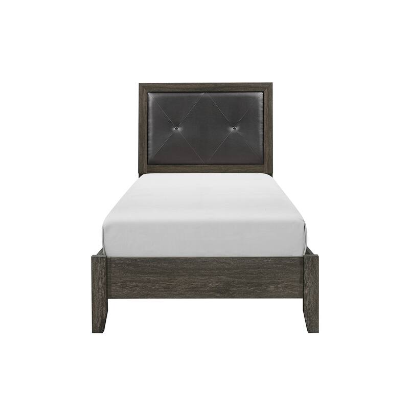 Twin Size Wood Panel Bed with Button-Tufted Faux Leather Headboard
