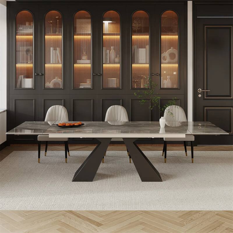 9 - Piece 110.24'' Extendable Sintered Stone Dining Table and 8 Leather Chairs Dining Set - Italian Gray
