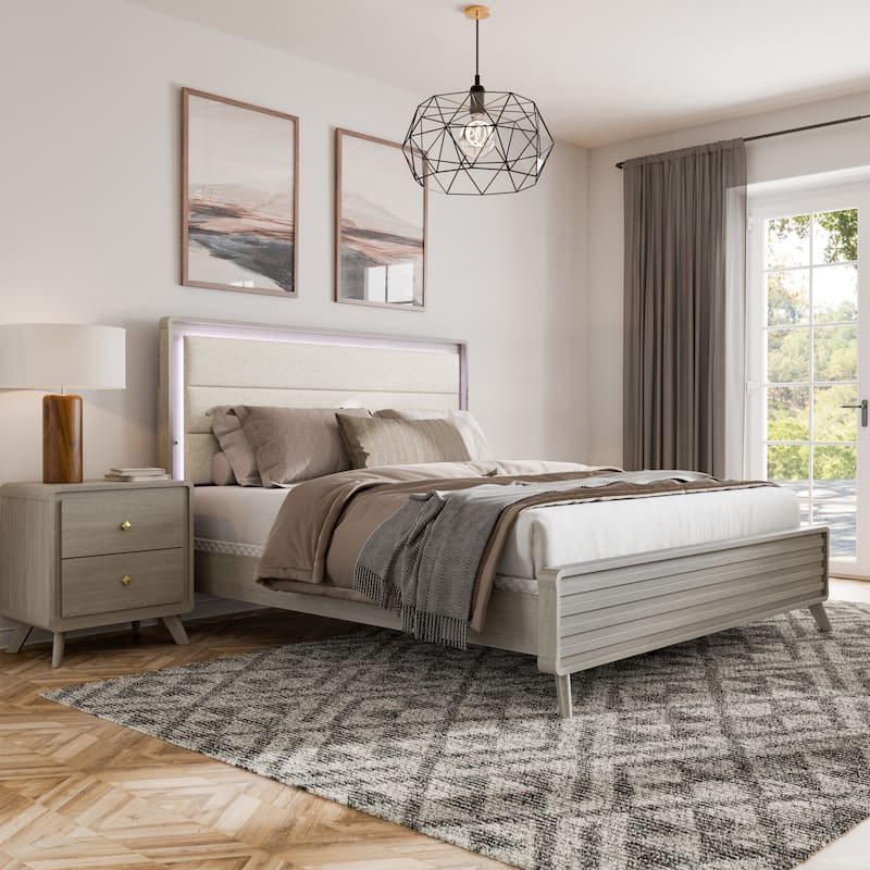 Furniture of America Thaila Modern 2-Piece Grey Wood Upholstered Panel Bedroom Set with LED on Headboard - Eastern King