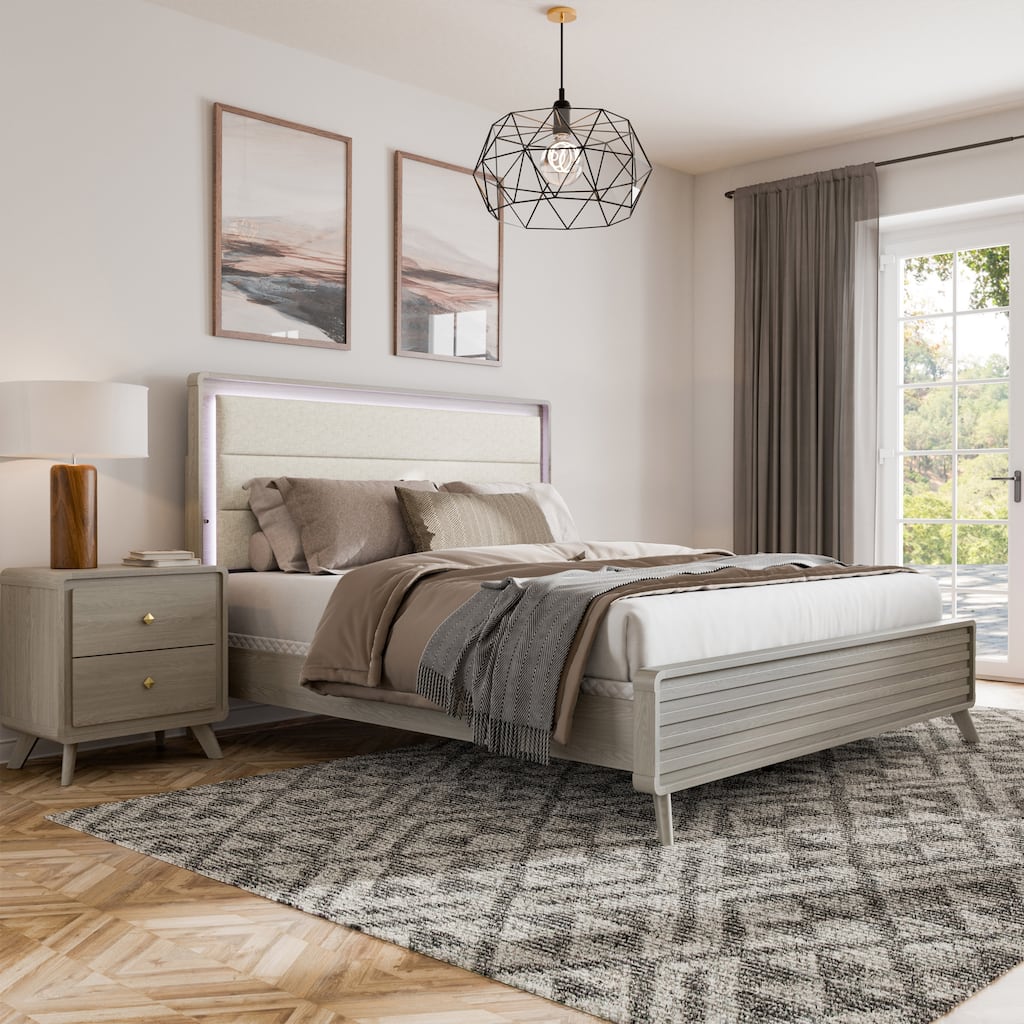 Furniture of America Thaila Modern 2-Piece Grey Wood Upholstered Panel Bedroom Set with LED on Headboard