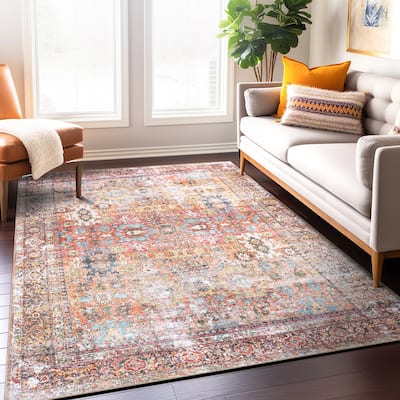 World Rug Gallery Transitional Distressed Machine Washable Non Slip Area Rug