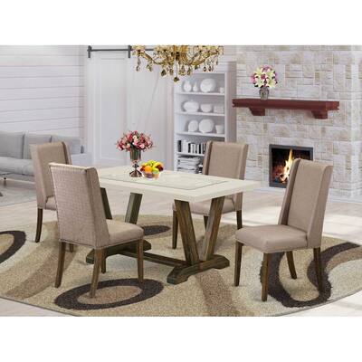 HomeStock 5-Piece Rectangle Distressed Jacobean Finish Solid Wood Top Dining Table with 4 Upholstered-Chairs with Lattice Back