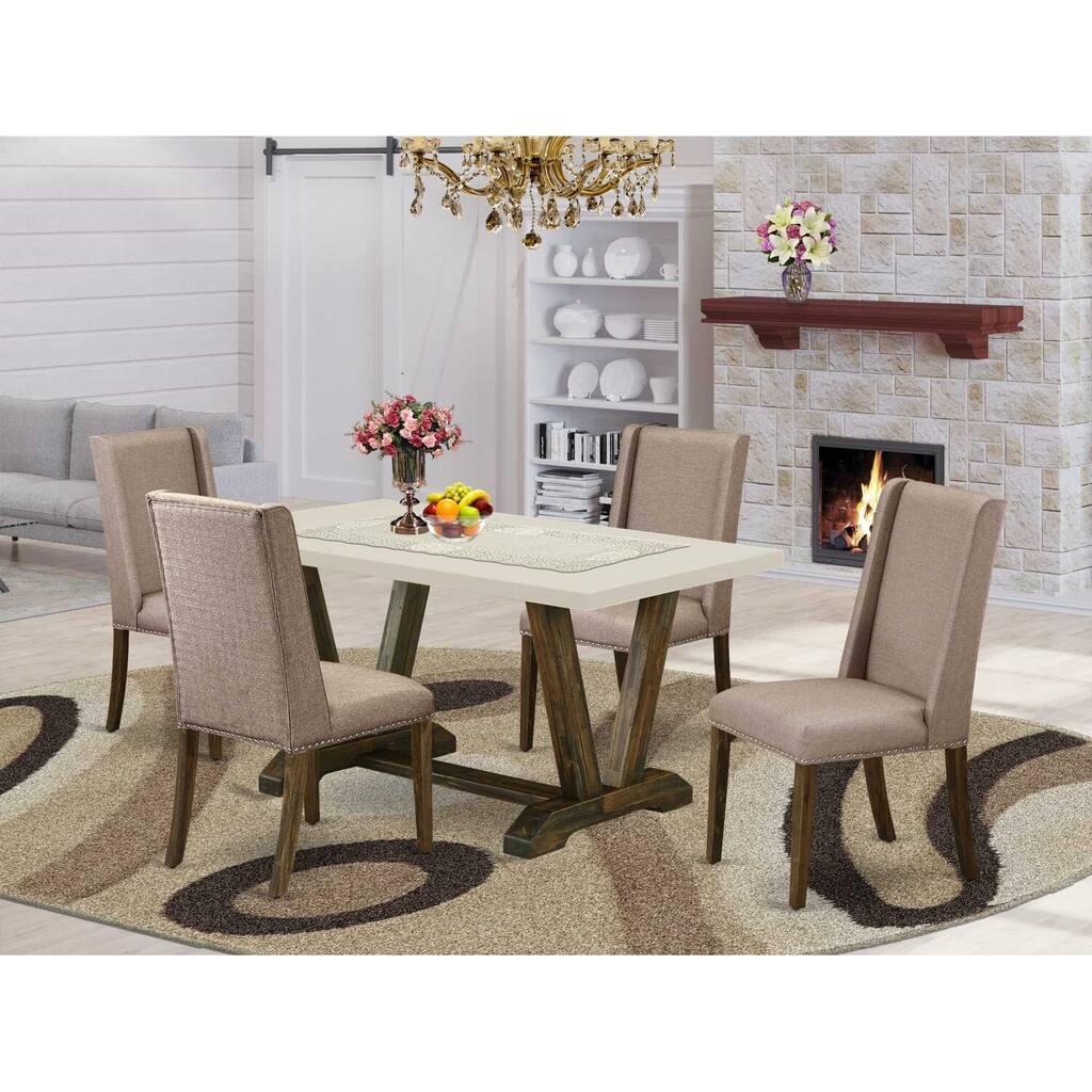 HomeStock 5-Piece Rectangle Distressed Jacobean Finish Solid Wood Top Dining Table with 4 Upholstered-Chairs with Lattice Back