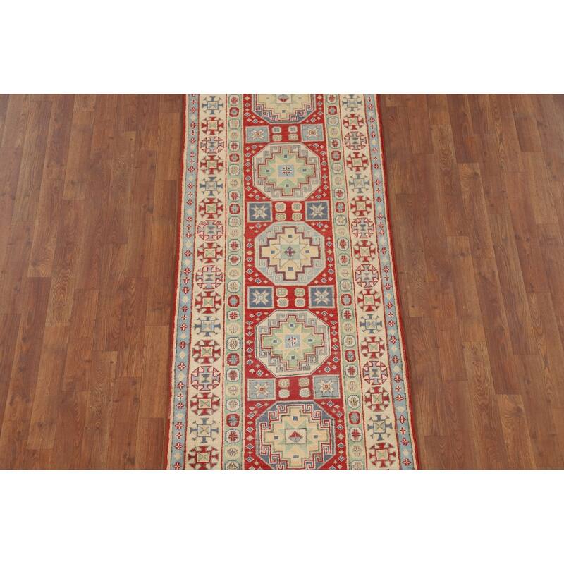 Red Kazak Runner Rug Hand-Knotted Oriental Wool Carpet - 2'7" x 9'8"