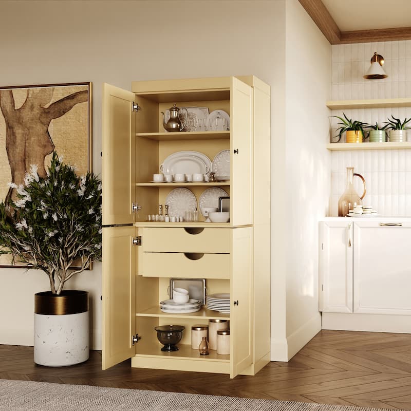 Palace Imports 100% Solid Wood 32" Pantry Cabinet with Shaker Doors, 2-Drawers and Adjustable Shelves - Yellow