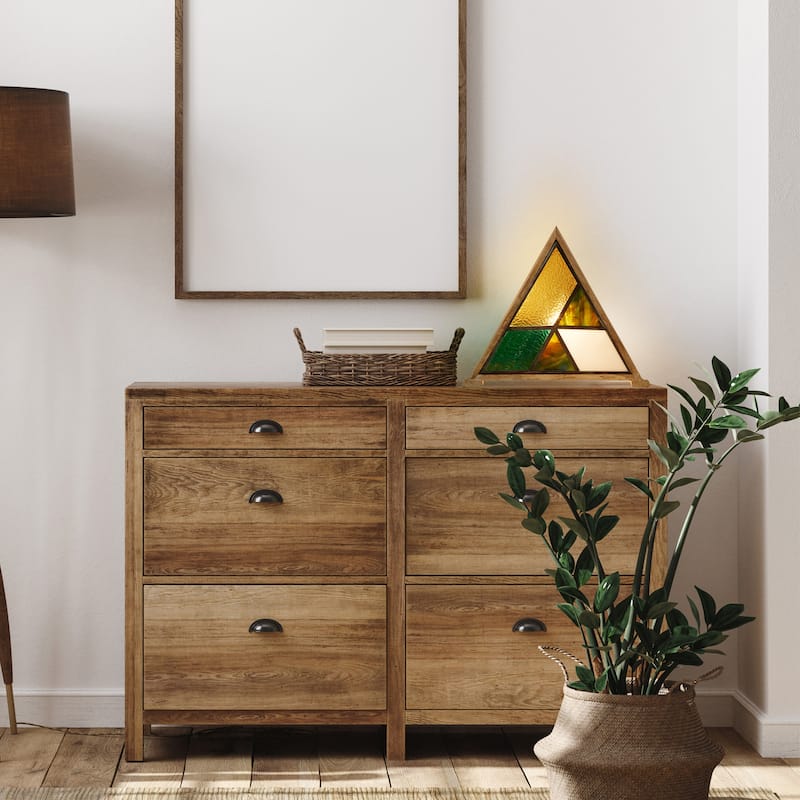 River of Goods Wood and Stained Glass Triangle Shade 11-Inch Accent Lamp - 13.5" x 4.5" x 11"