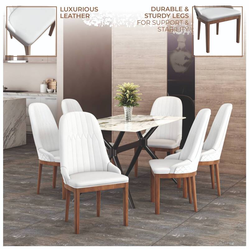 Leather Dining Chair with Rubberwood Legs Set of 2 Side Charis Sleek Diamond Stitching Back