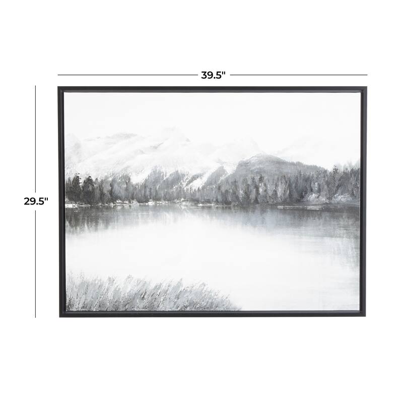 Gray Canvas Neutral Toned Lake Landscape Framed Wall Art with Black Frame