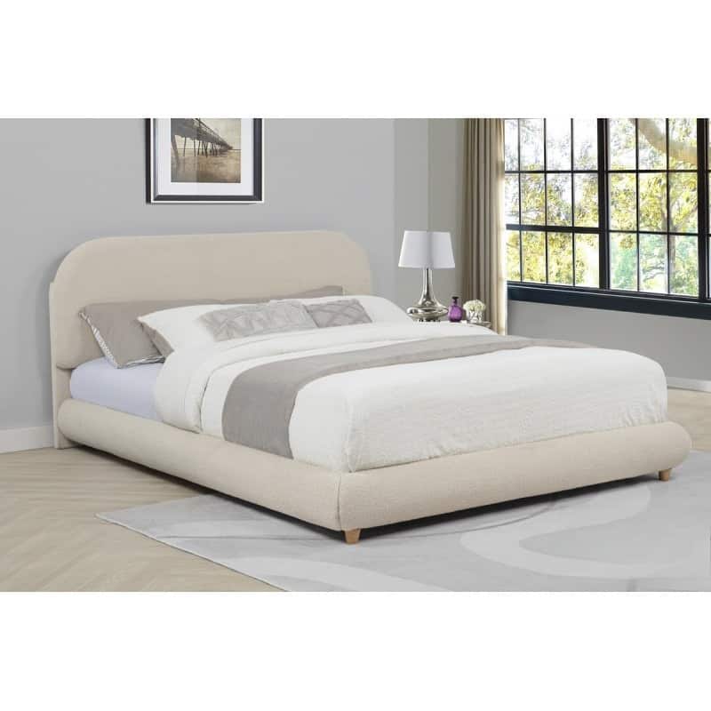 Modern Low-Profile Queen Platform Bed with Fleece Upholstery in Cream