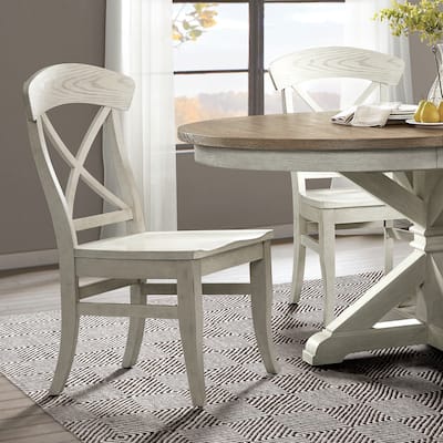 2-pcs Cross-back Dining Side Chairs, Smoky White Finish Dining Chairs, Living Room Gray Fabric Visitor Chair Conference Chair