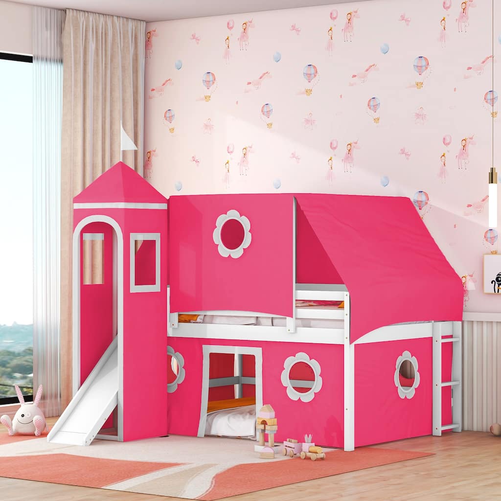 Castle Frame Bed Wood Loft Bed Loft Bed Convertible To Mini Playground with Pink Tent and Tower, Child Bed Tent