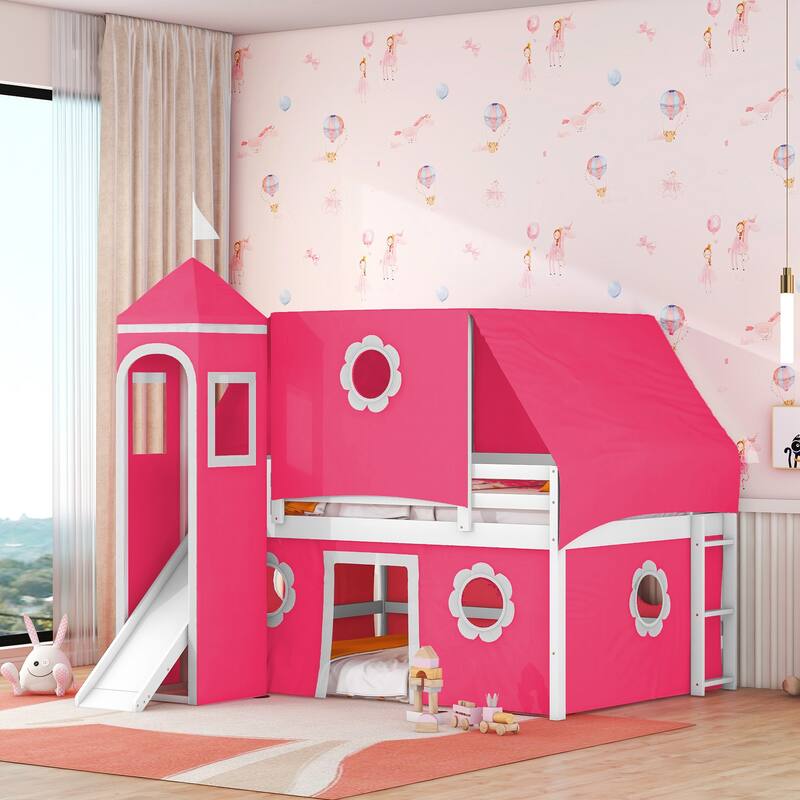 Loft Bed with Slide, Pink Tent, and Tower Playhouse Design for Kids - Pink - Full