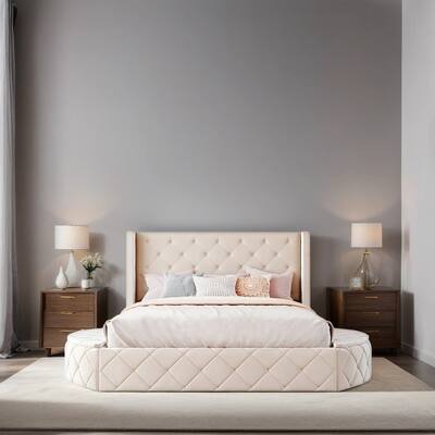 Queen Size Velvet Upholstered Platform Bed with Wingback Headboard and Drawer 2 Storage Stool, Beige