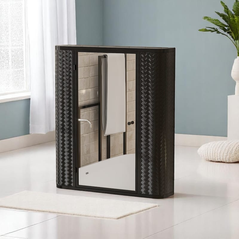 Over-the-Toilet Wall Bathroom Medicine Cabinet with Mirrored Door, Glass Shelf, Metal Frame & Bottom Storage - Black