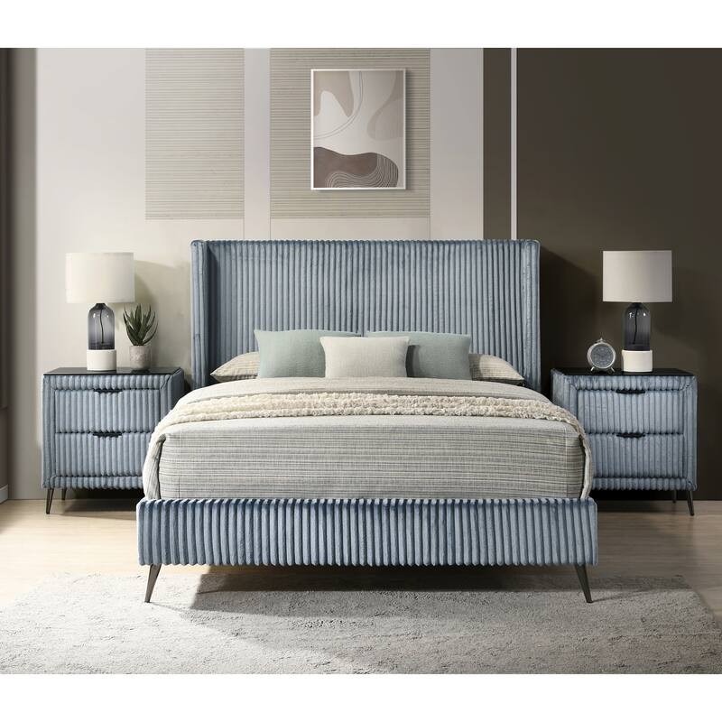 Mavela Wide Wale Corduroy Upholstery Panel Queen Bed with 2 Nightstands, Blue