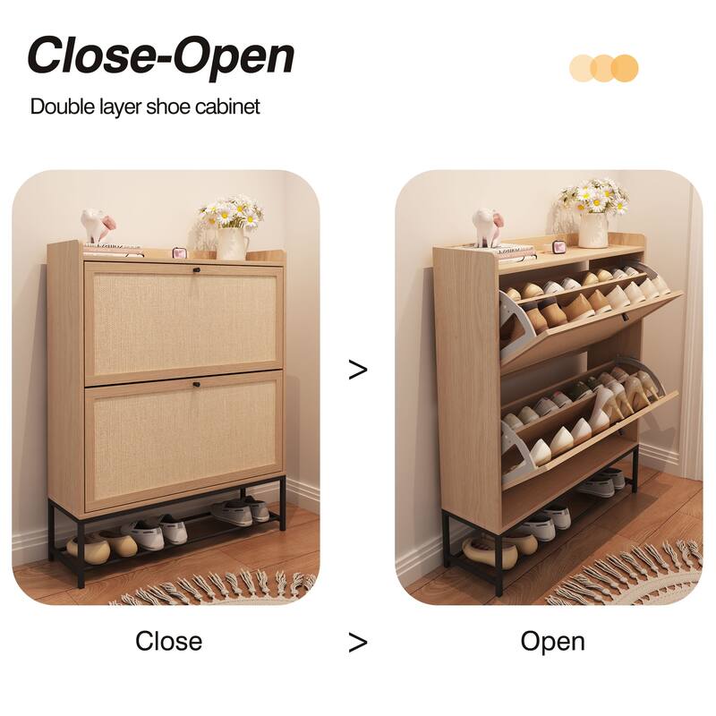 Free-standing Two-tier Flip-out Drawer Wooden Shoe Storage