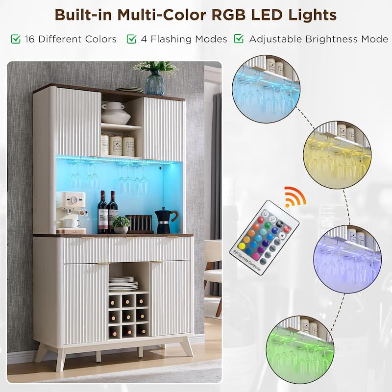 72" Wine Bar Cabinet, Modern Wood Coffee Bar Cabinet with LED Lights
